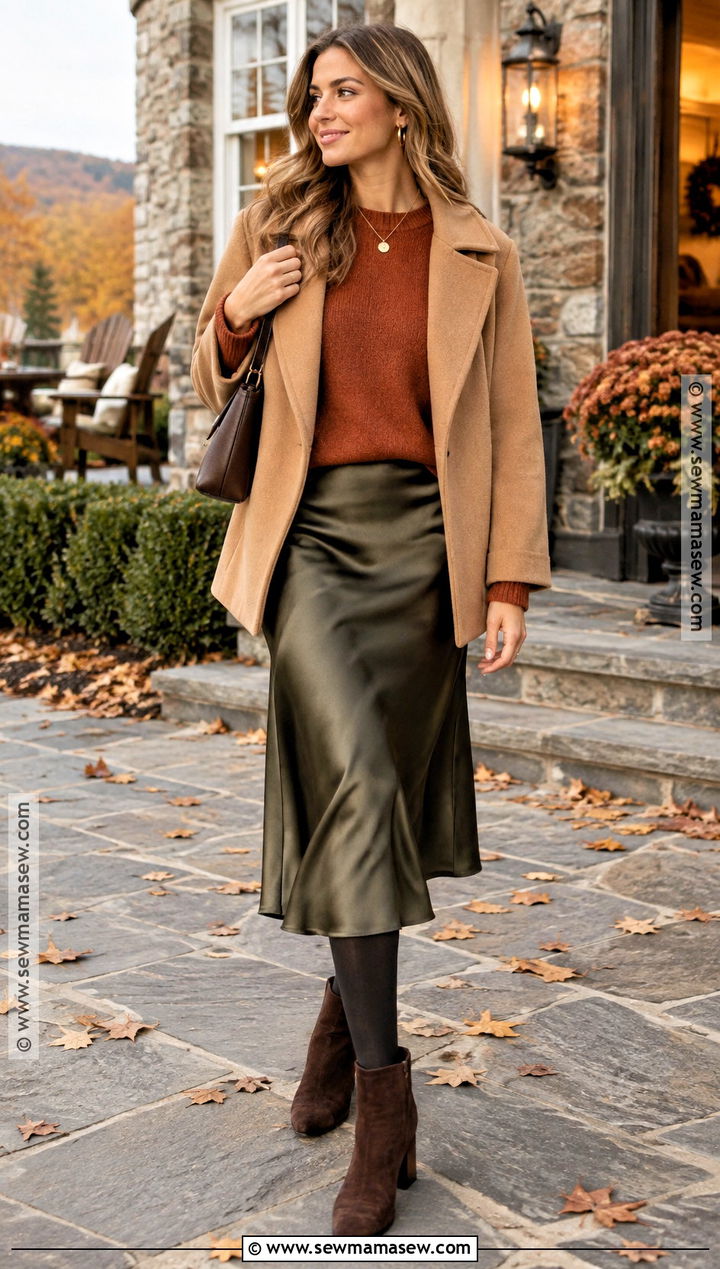 Vermont Fall Rust Sweater And Satin Midi Skirt Outfit - 20 vermont fall outfit ideas
