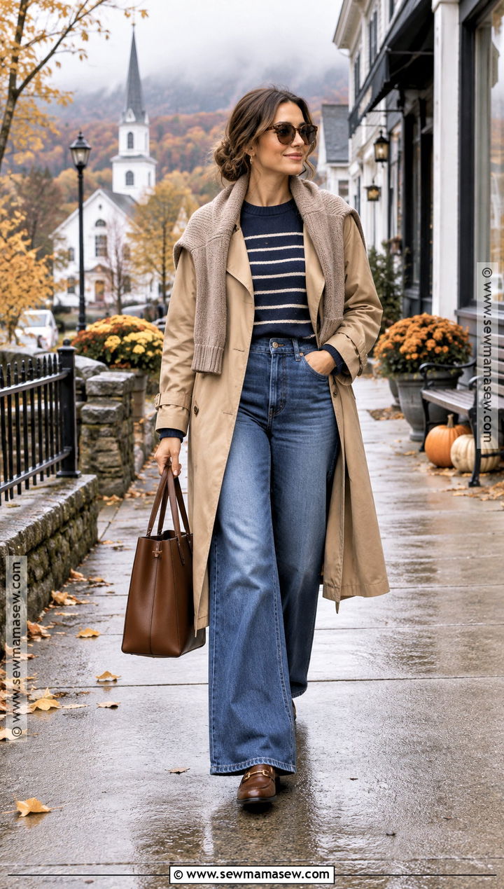 Vermont Fall Trench Coat And Wide Leg Jeans Outfit - 20 vermont fall outfit ideas