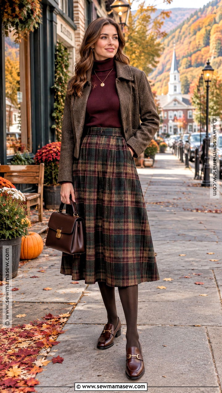 Vermont Fall Turtleneck And Plaid Midi Skirt Outfit - 20 vermont fall outfit ideas