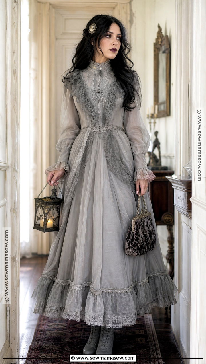 Victorian Ghost Costume With Gray Dress - 30 long black hair costume ideas