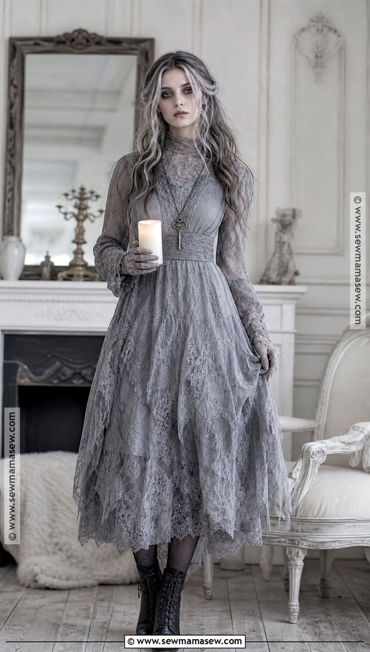 Victorian Ghost Costume With Gray Lace Dress - 35 dark halloween costumes