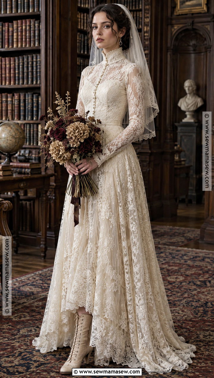 Victorian High Neck Gothic Wedding Dress - 15 Gothic Fall Wedding Dress Ideas