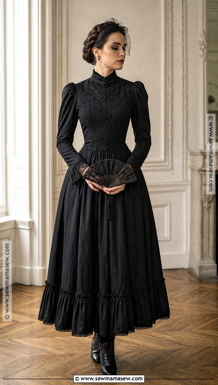 Victorian Mourner Costume With High Neck Dress - 30 All Black Halloween Costume Ideas for Women