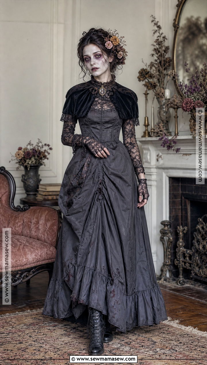 Victorian Zombie Outfit With Long Black Dress - 30 Zombie Outfits