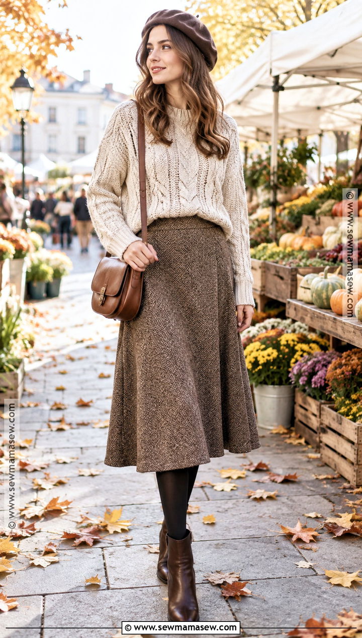 Vintage Cable Knit Sweater And Wool Skirt Outfit - 20 vintage fall fashion ideas