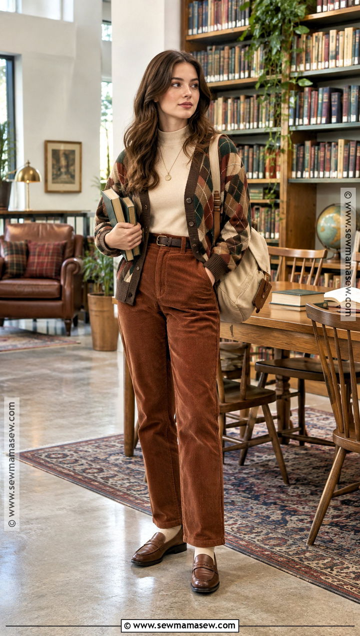 Vintage Cardigan And Corduroy Pants Outfit - 15 back to school outfit aesthetic ideas
