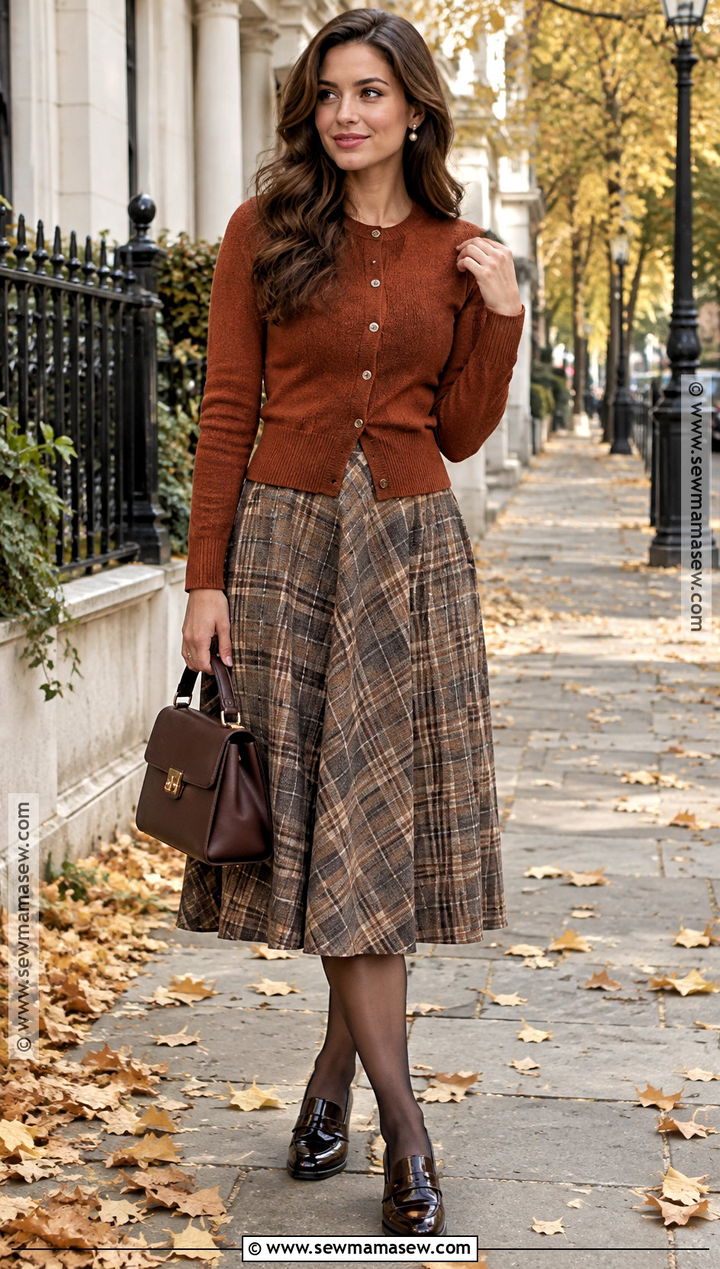Vintage Cardigan And Plaid Midi Skirt Outfit - 20 vintage fall fashion ideas