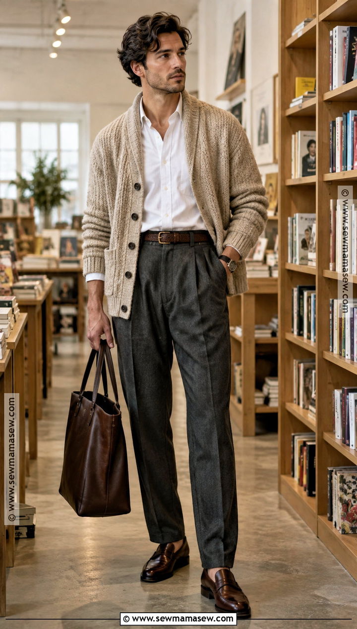 Vintage Cardigan And Pleated Trousers Outfit - 15 fall outfits aesthetic vintage for men