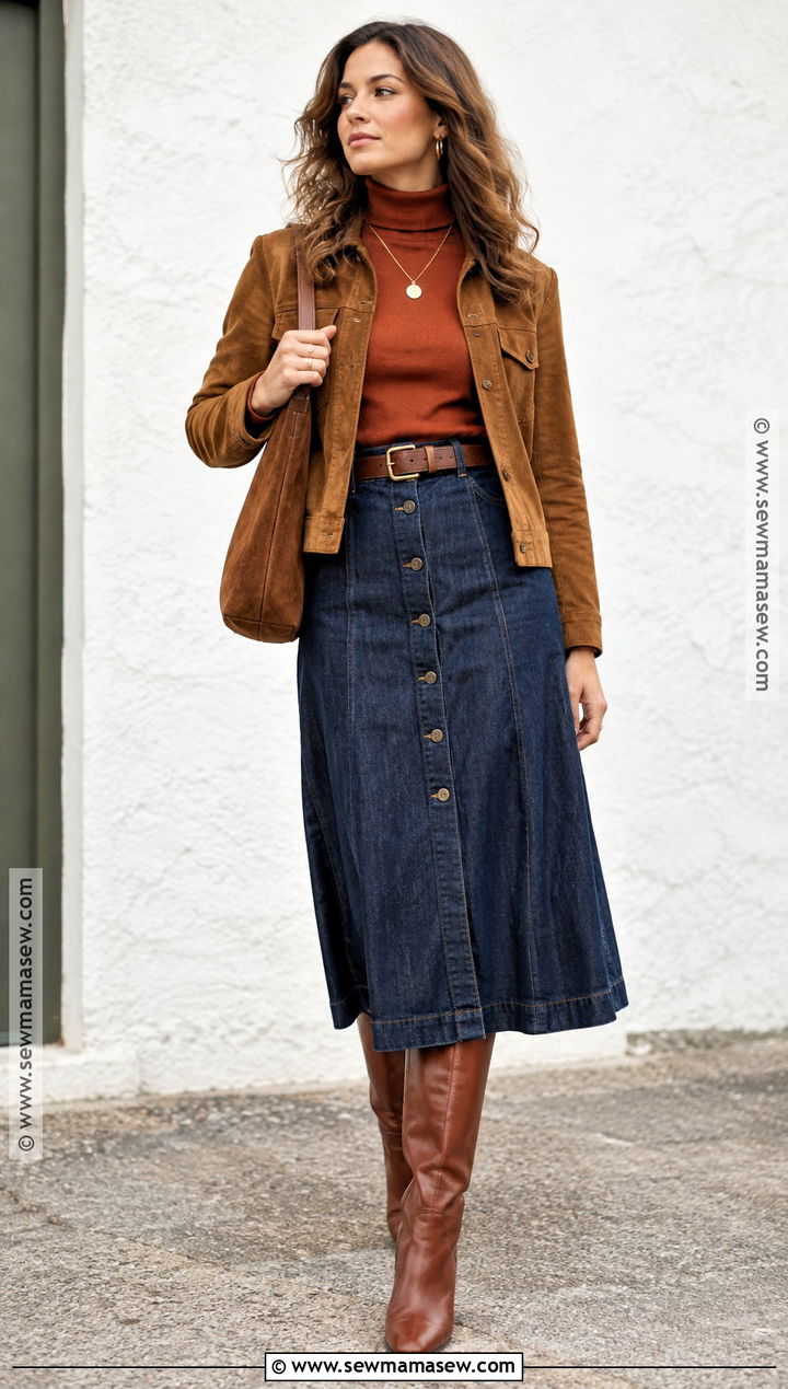 Vintage Denim Midi Skirt And Turtleneck Outfit - 20 vintage fall fashion ideas