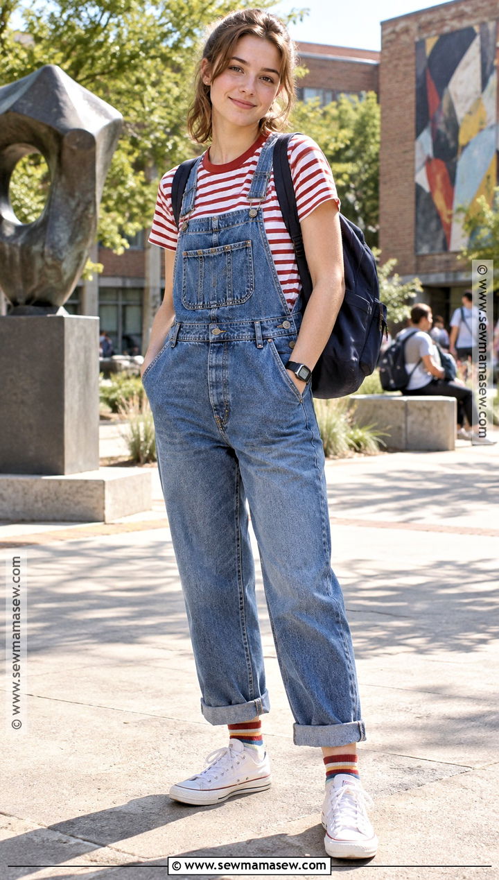Vintage Denim Overalls And Striped Tee Outfit - 15 vintage back to school outfits