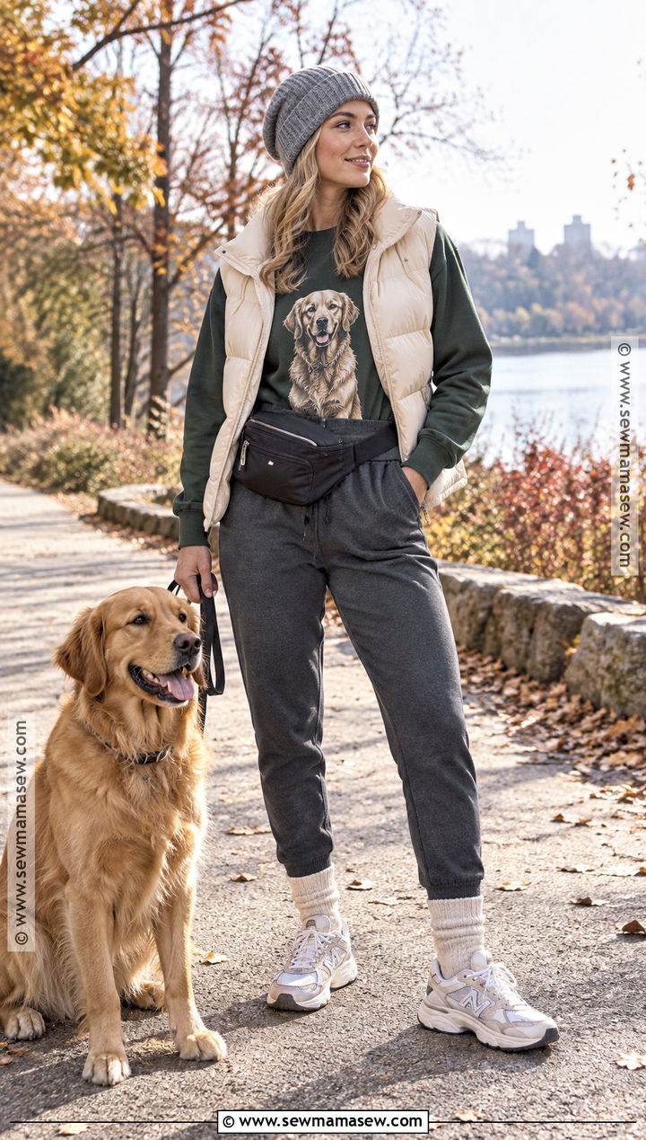 Vintage Dog Sweatshirt With Joggers And A Puffer Vest - 15 Fall Dog Mom Shirt Ideas