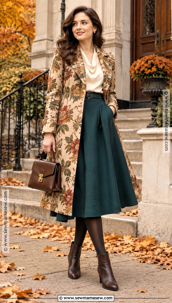 Vintage Floral Coat With Blouse And A Line Skirt - 15 autumn floral coat style ideas