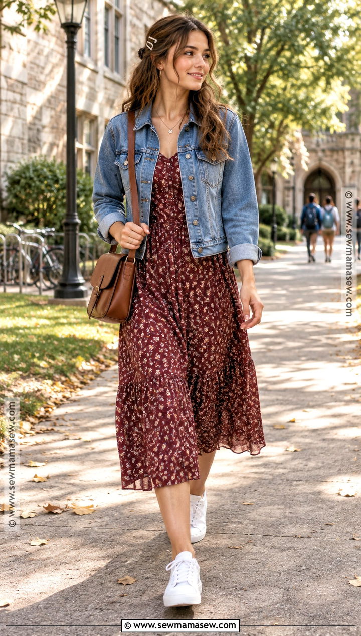 Vintage Floral Midi Dress And Denim Jacket Outfit - 15 vintage back to school outfits