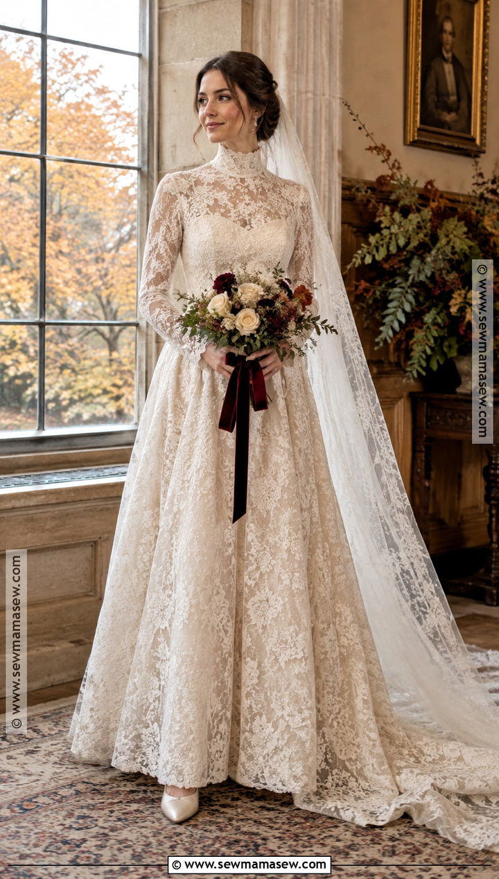 Vintage High Neck Long Sleeve Wedding Dress - 15 fall long sleeve wedding dress ideas