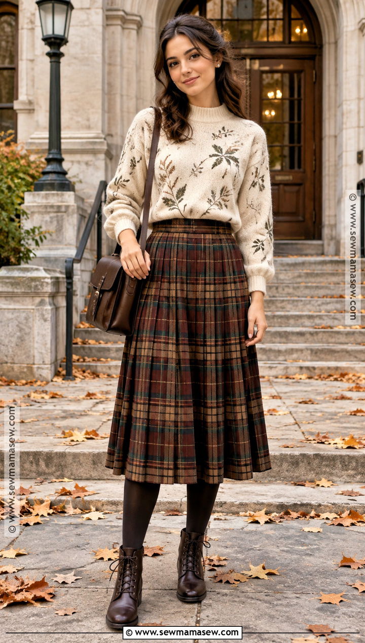 Vintage Leaf Sweater With Plaid Skirt - 15 fall leaf sweater ideas