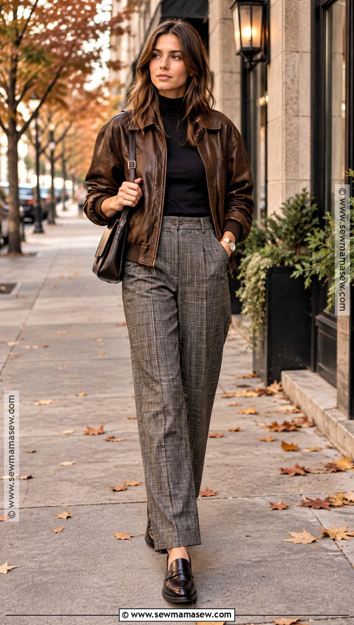 Vintage Leather Bomber And Plaid Trousers Outfit - 20 vintage fall fashion ideas