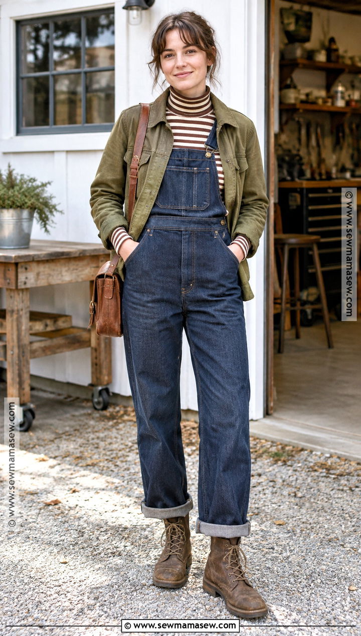 Vintage Overalls And Striped Turtleneck Outfit - 20 vintage fall fashion ideas