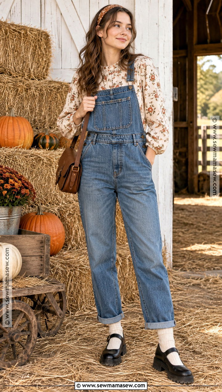 Vintage Overalls With Floral Blouse And Mary Jane Shoes - 20 Pumpkin Patch Outfit Overalls