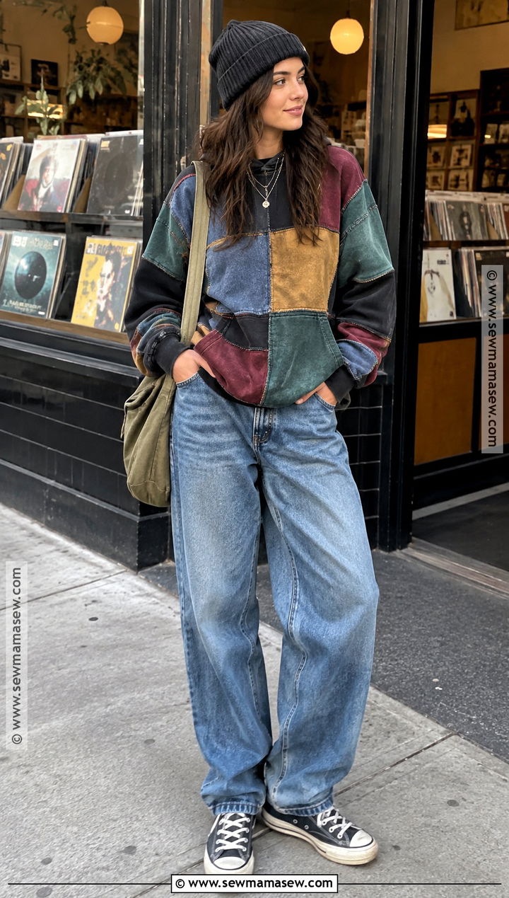 Vintage Patchwork Hoodie With Baggy Jeans - 20 Fall Patchwork Hoodie Ideas