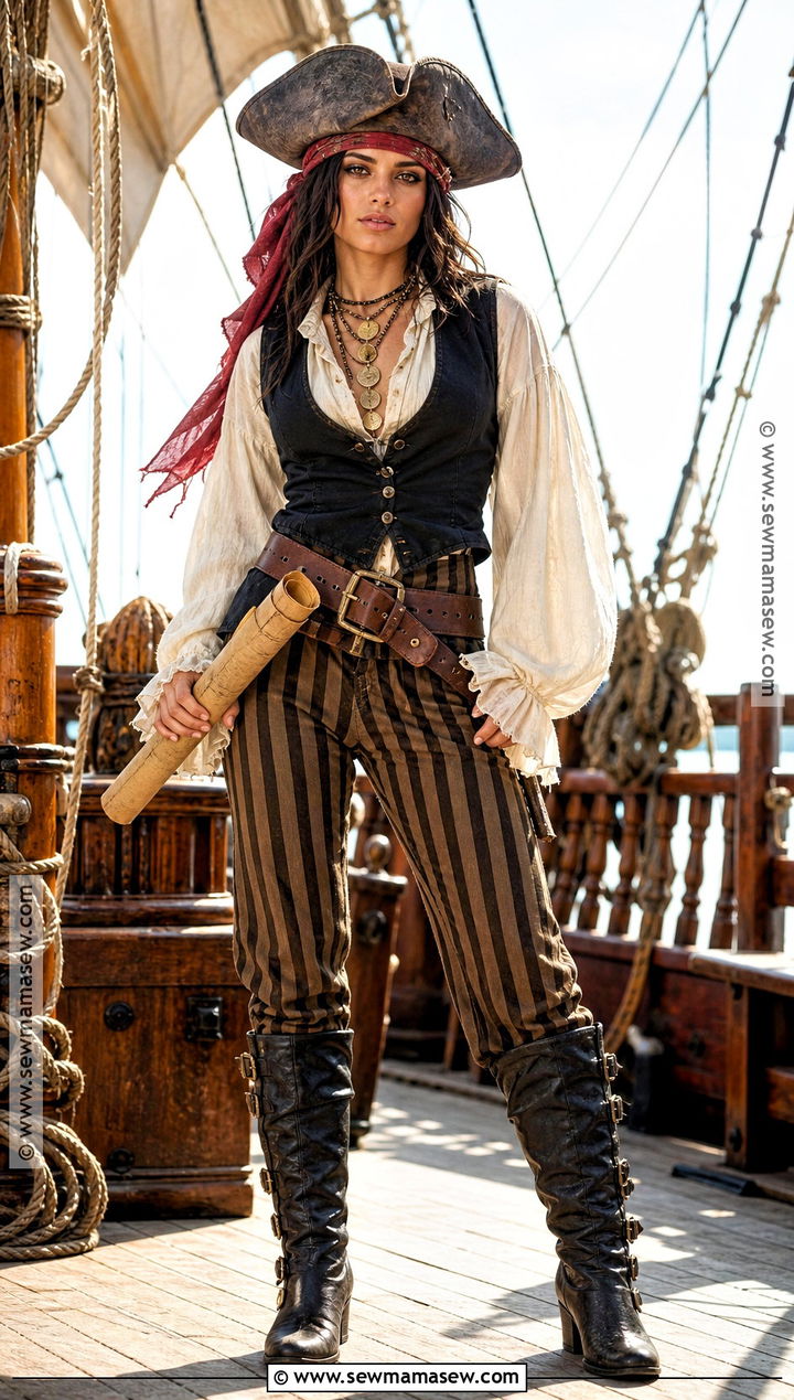 Vintage Pirate Costume With Striped Pants - 30 Single Person Halloween Costume Ideas