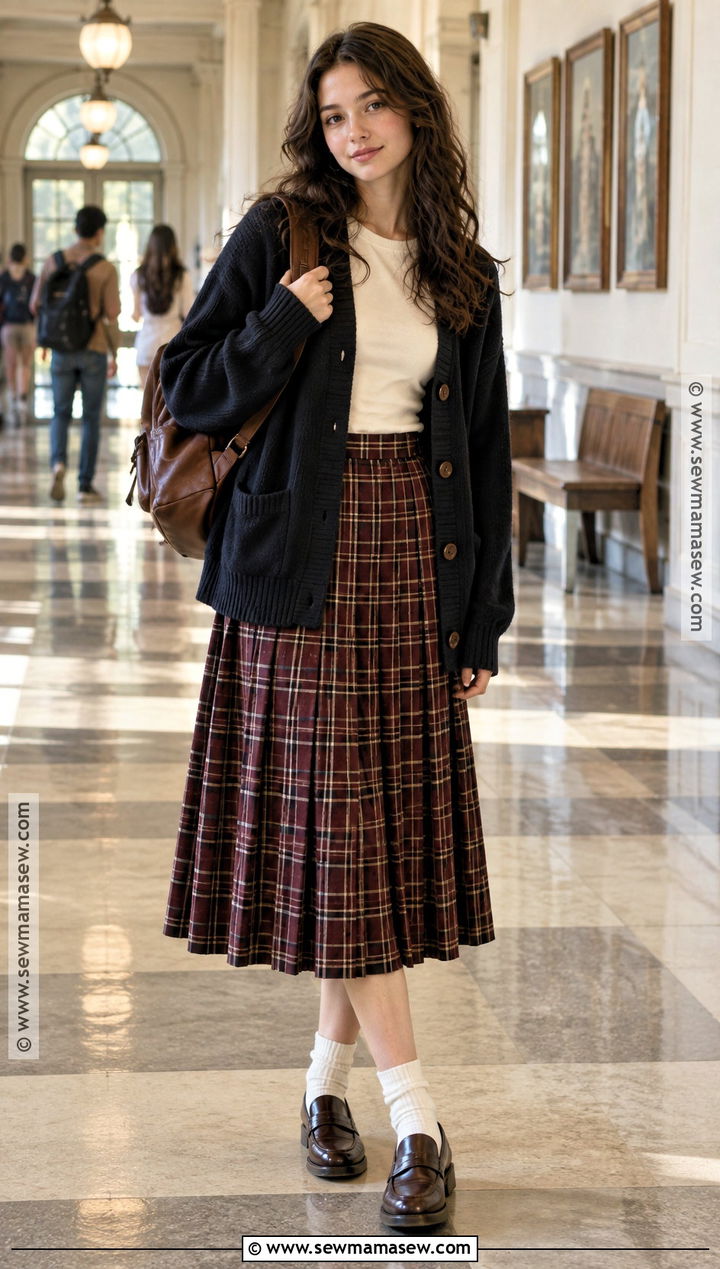Vintage Plaid Skirt And Cardigan Outfit - 15 vintage back to school outfits