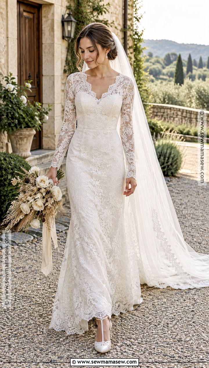 Vintage Scalloped Lace Long Sleeve Wedding Dress - 15 rustic fall wedding dress lace long sleeve ideas