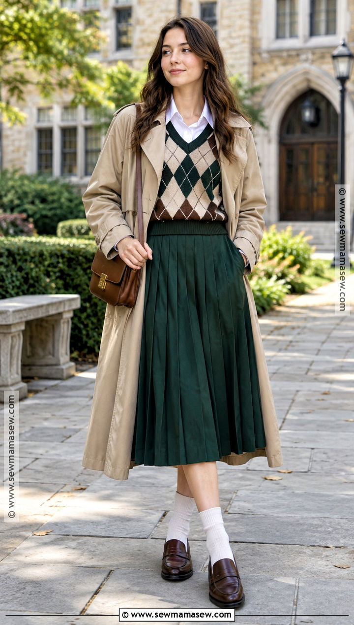 Vintage Sweater Vest And Pleated Skirt Outfit - 20 vintage fall fashion ideas