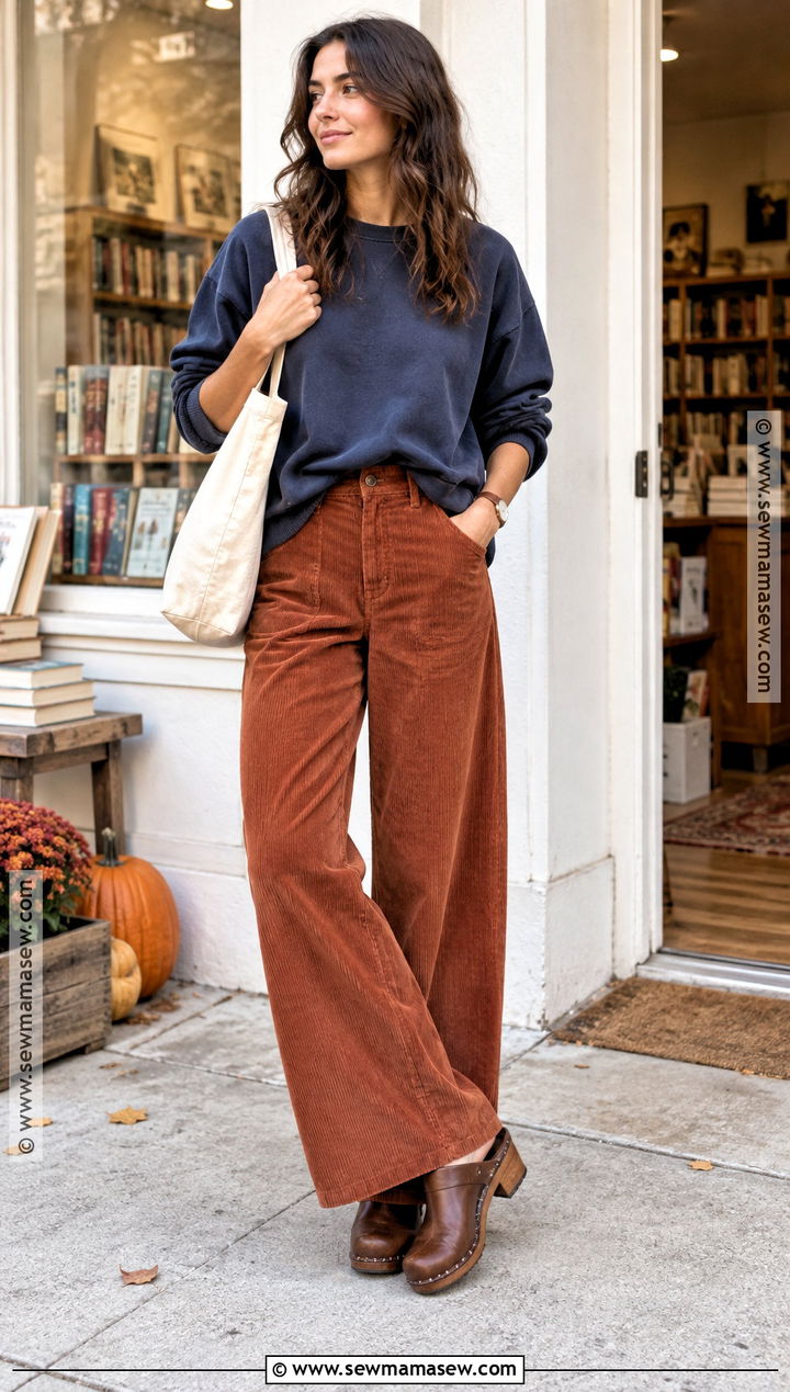 Vintage Sweatshirt With Corduroy Pants - 20 fall sweatshirt outfit ideas