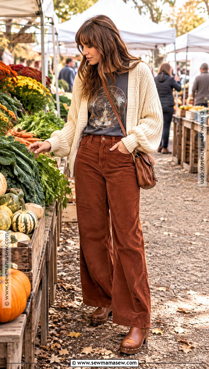Vintage Tshirt With Corduroy Pants And Cardigan - 20 fall tshirt ideas