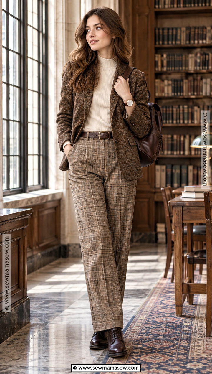 Vintage Tweed Blazer And Plaid Trousers Outfit - 15 vintage back to school outfits
