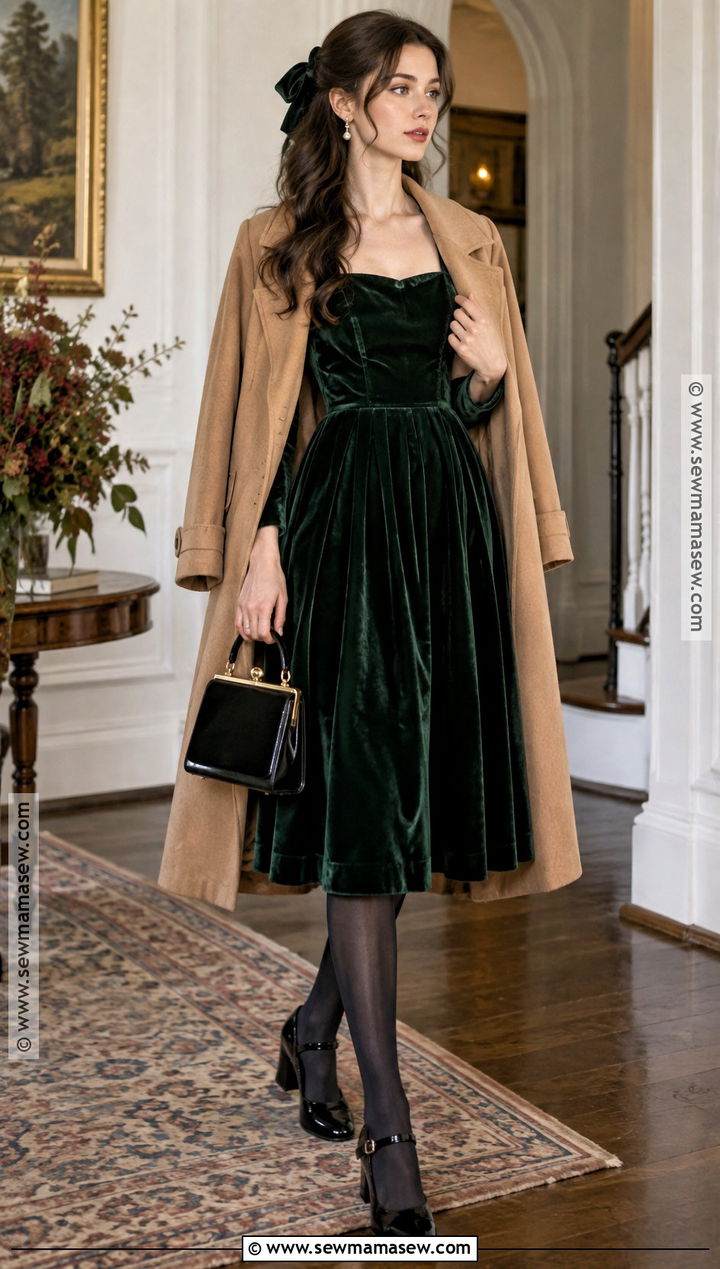 Vintage Velvet Dress And Mary Jane Shoes Outfit - 20 vintage fall fashion ideas