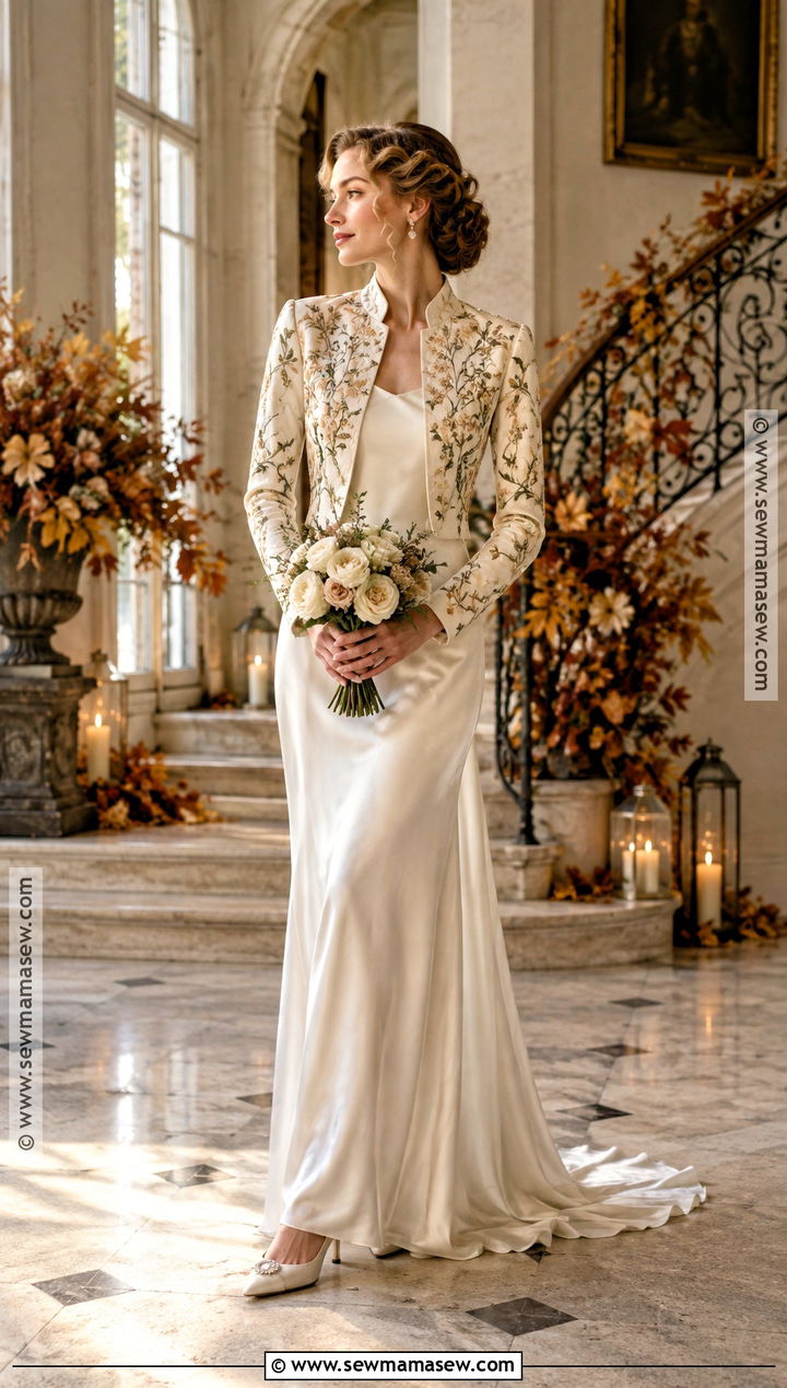 Vintage Wedding Dress With Embroidered Bridal Jacket - 15 Fall Wedding Dress Coverup Ideas