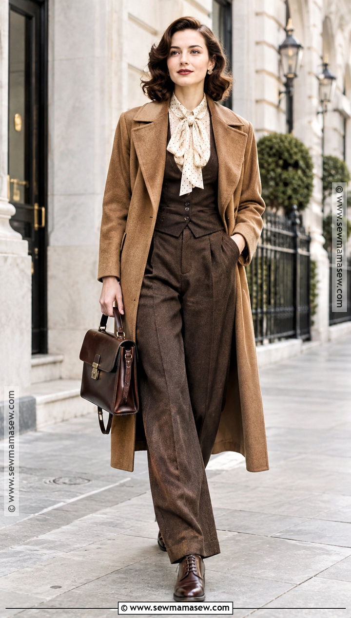 Vintage Wide Leg Trousers And Tie Neck Blouse Outfit - 20 vintage fall fashion ideas