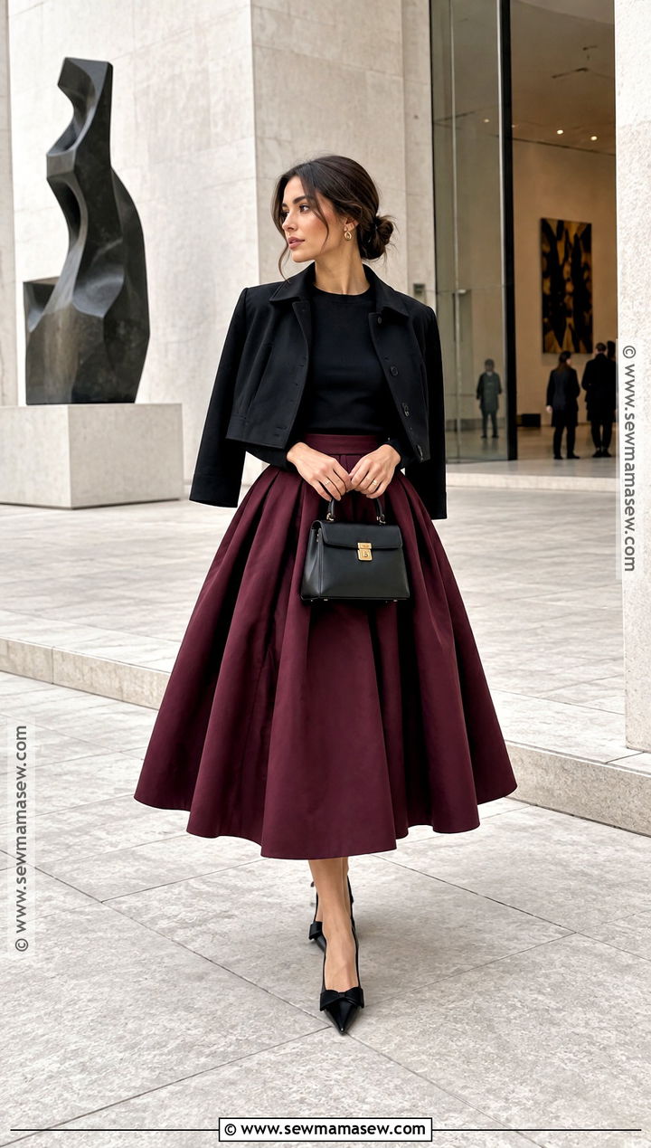 Voluminous Skirt With Cropped Jacket And Flats - 20 Autumn Outfits Skirts