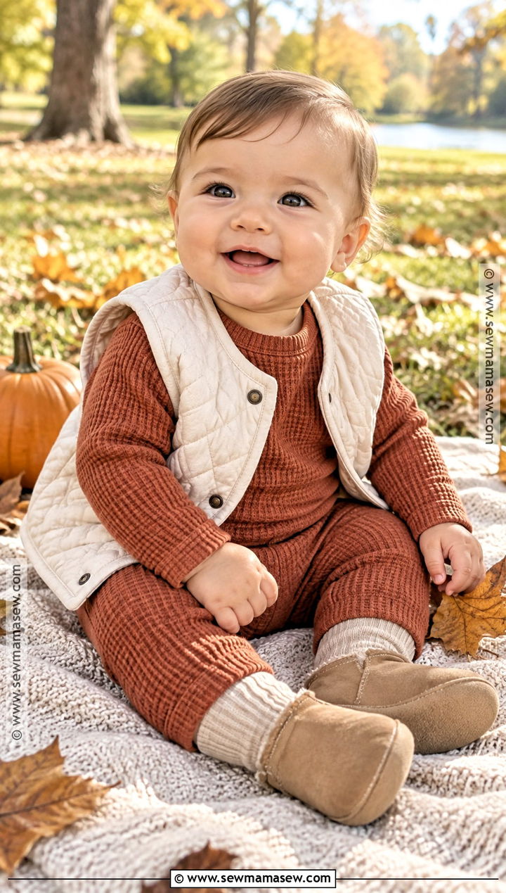 Waffle Knit Baby Set With Quilted Vest - 15 cozy fall baby outfit ideas
