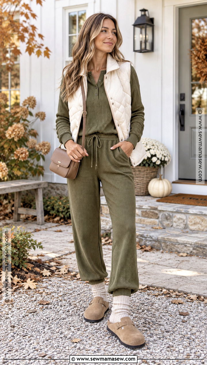 Waffle Knit Lounge Set With Clogs - 25 fall lounge outfits