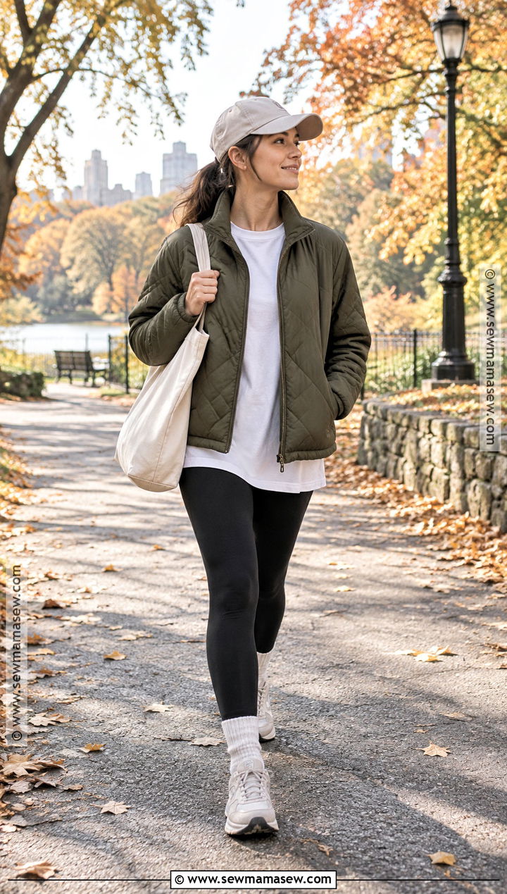 Walking Sneakers With Leggings And A Quilted Jacket - 15 comfortable shoes for autumn