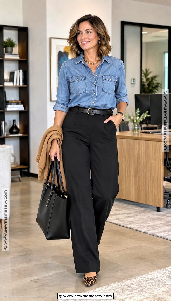 Walmart Fall Chambray Shirt and Black Pants Outfit - 20 walmart fall outfits