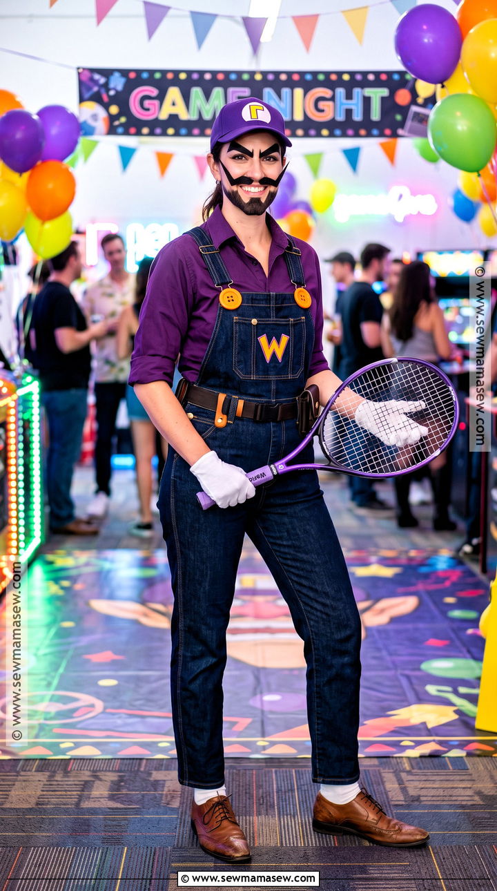 Waluigi Costume With Black Overalls - 30 super mario costume ideas