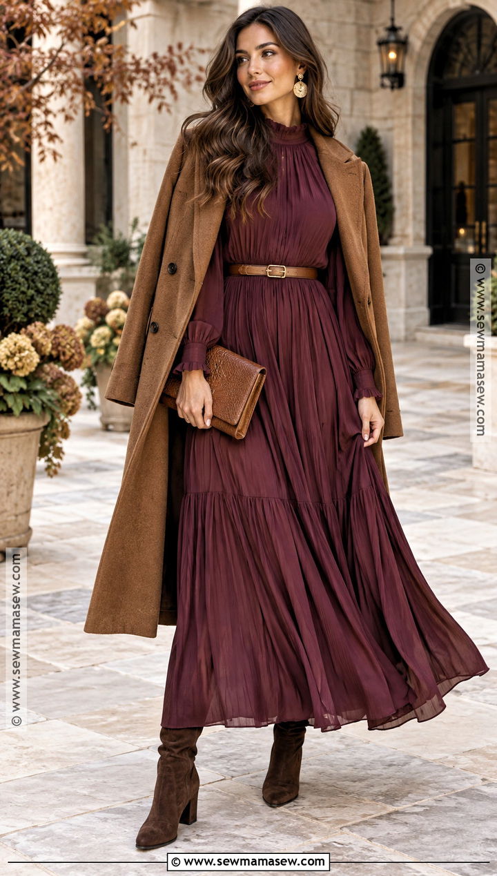 Warm Aubergine Maxi Dress Outfit - 20 dark autumn dress ideas