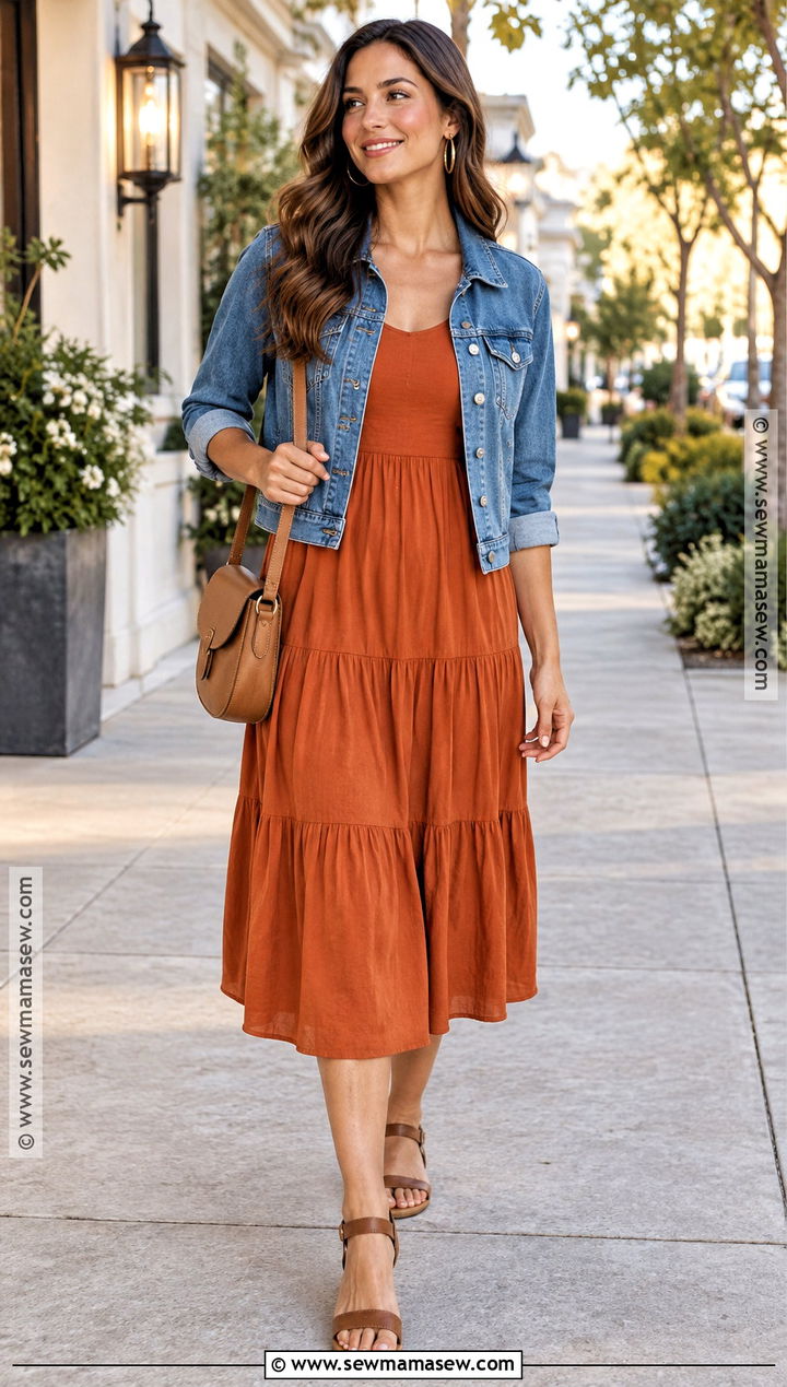 Warm Autumn Burnt Orange Dress And Denim Jacket Outfit - 25 warm autumn outfits for summer