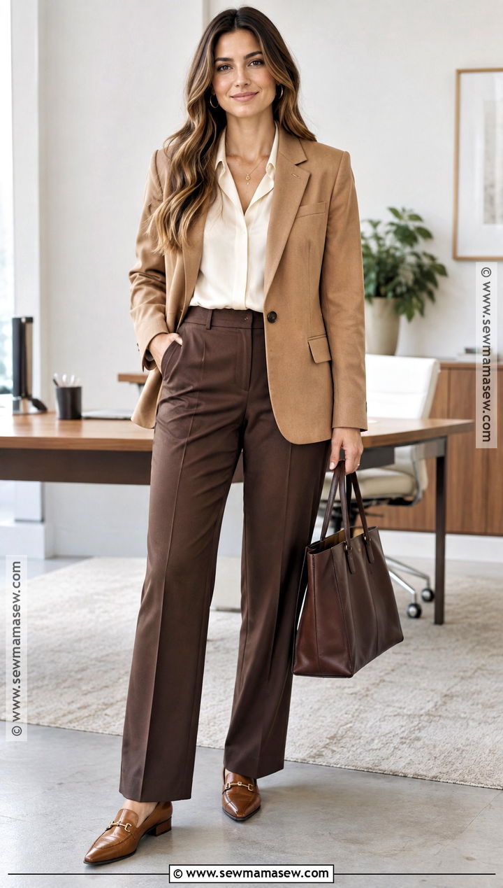 Warm Autumn Camel Blazer And Chocolate Pants Outfit - 25 warm autumn color palette outfits