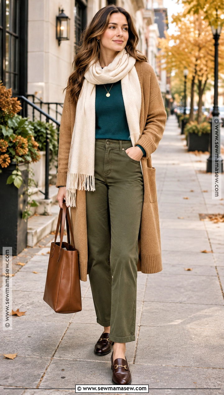 Warm Autumn Camel Cardigan And Olive Pants Outfit - 25 warm autumn outfits capsule wardrobe