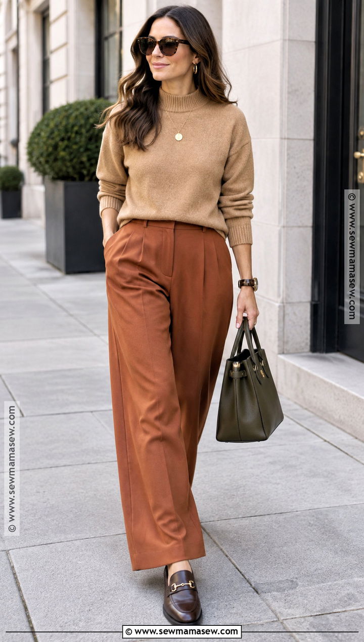Warm Autumn Camel Sweater And Terracotta Pants Outfit - 25 warm autumn color palette outfits