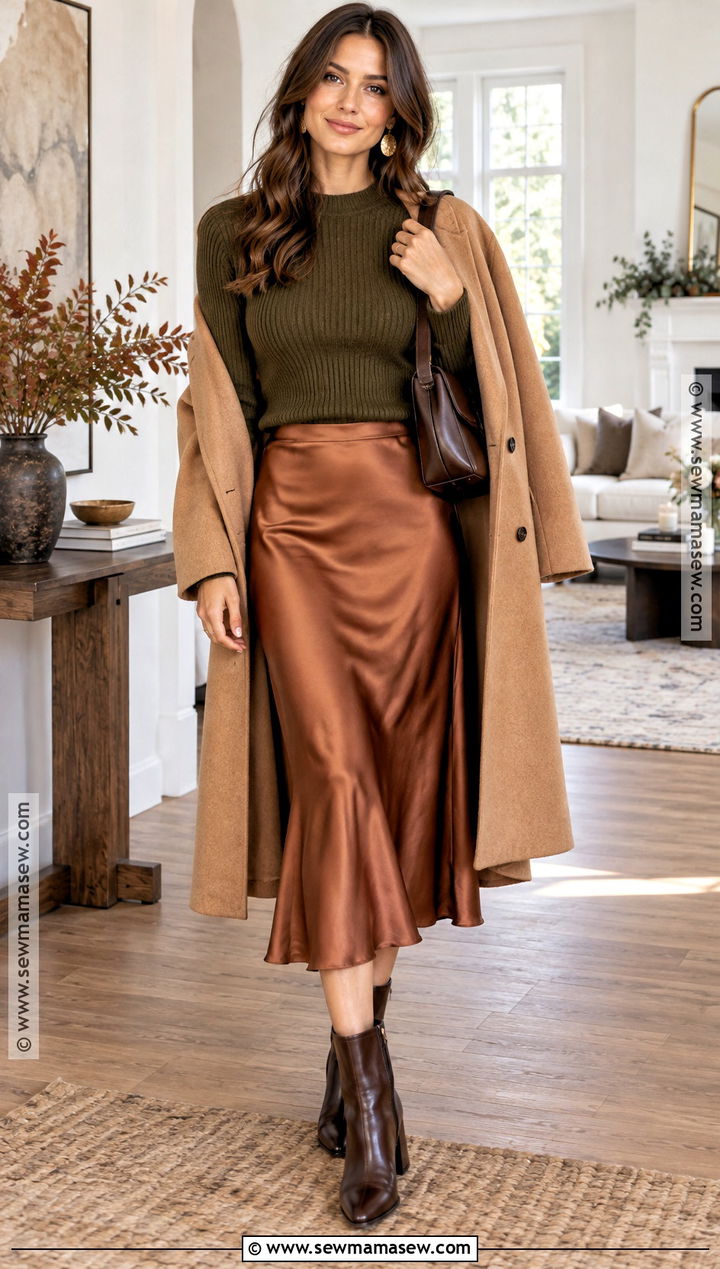 Warm Autumn Copper Satin Skirt And Olive Sweater Outfit - 25 warm autumn color palette outfits