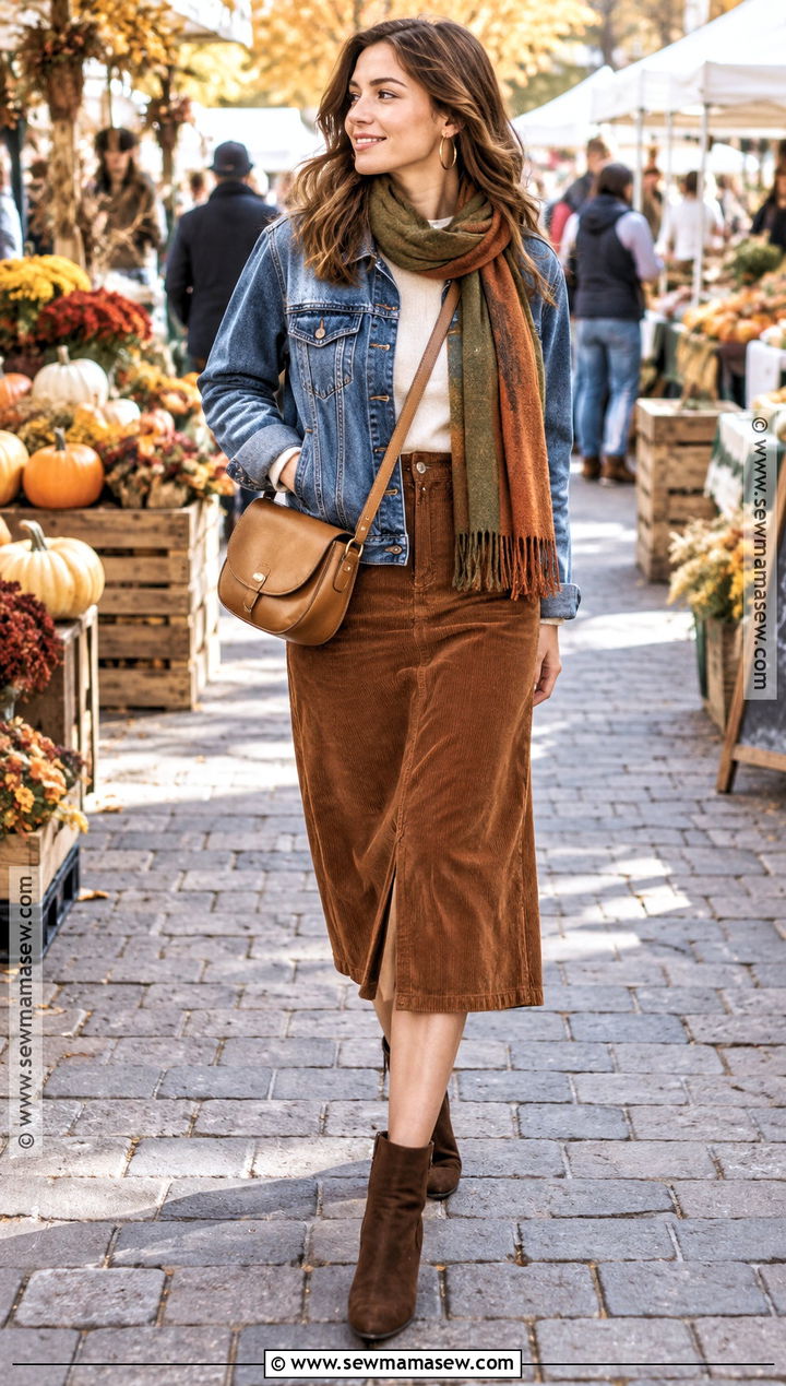 Warm Autumn Denim Jacket And Corduroy Skirt Outfit - 25 warm autumn color palette outfit ideas