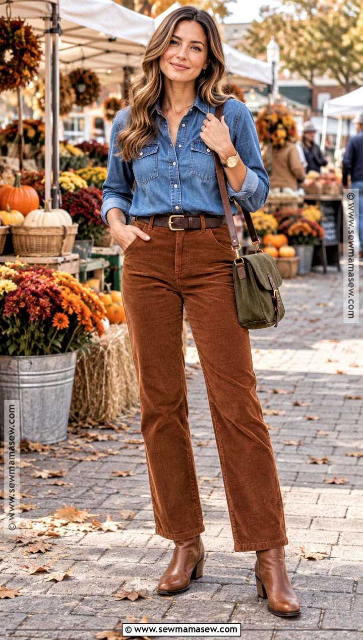 Warm Autumn Denim Shirt And Corduroy Pants Outfit - 25 warm autumn outfits capsule wardrobe
