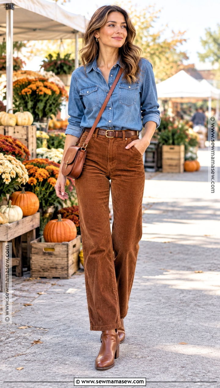 Warm Autumn Denim Shirt And Corduroy Pants Outfit - 25 warm autumn color palette outfits