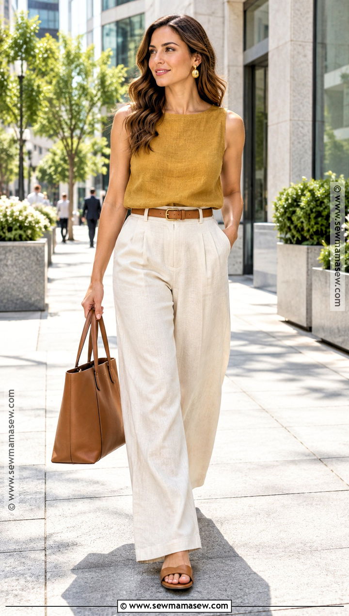 Warm Autumn Golden Yellow Top And Cream Pants Outfit - 25 warm autumn outfits for summer
