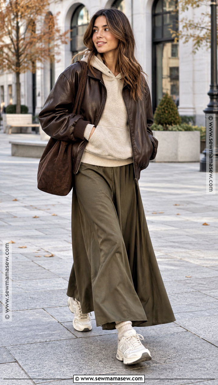 Warm Autumn Leather Bomber And Maxi Skirt Outfit - 20 warm autumn fashion ideas